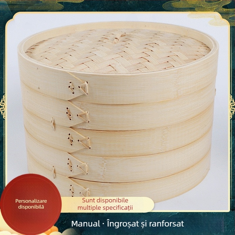 Coș de aburi din bambus pentru dim sum și chifle aburite, formă circulară