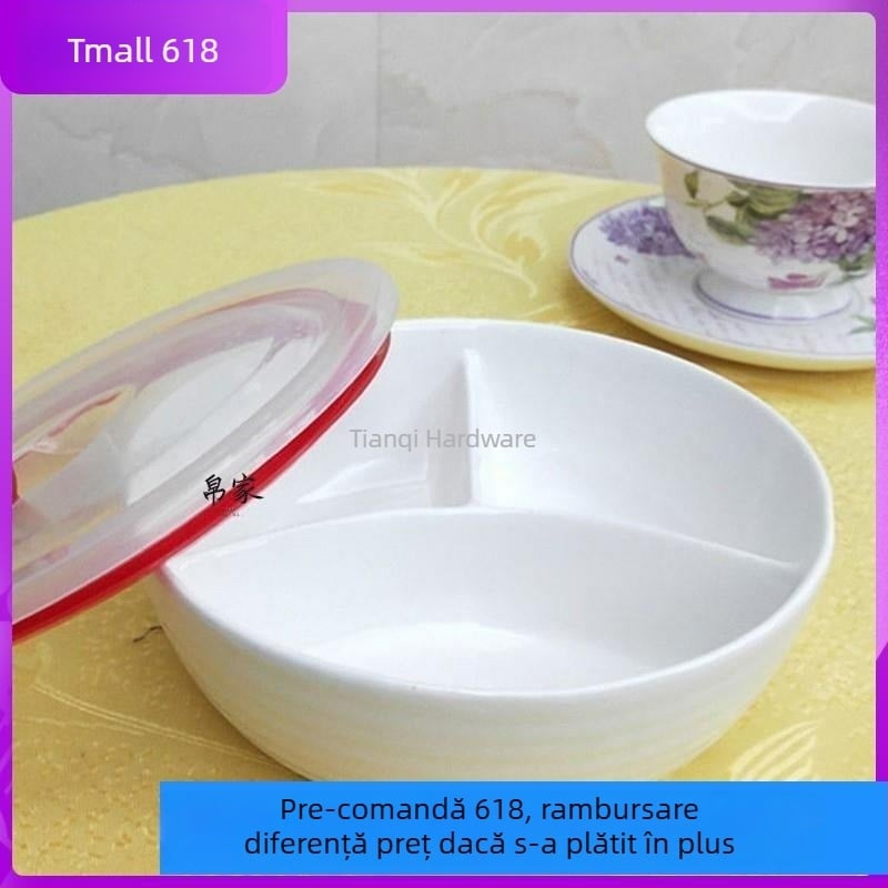 Farfurie ceramică pentru cină cu capac, bol divizat, compatibilă cu microundele, pentru gătit la aburi legume