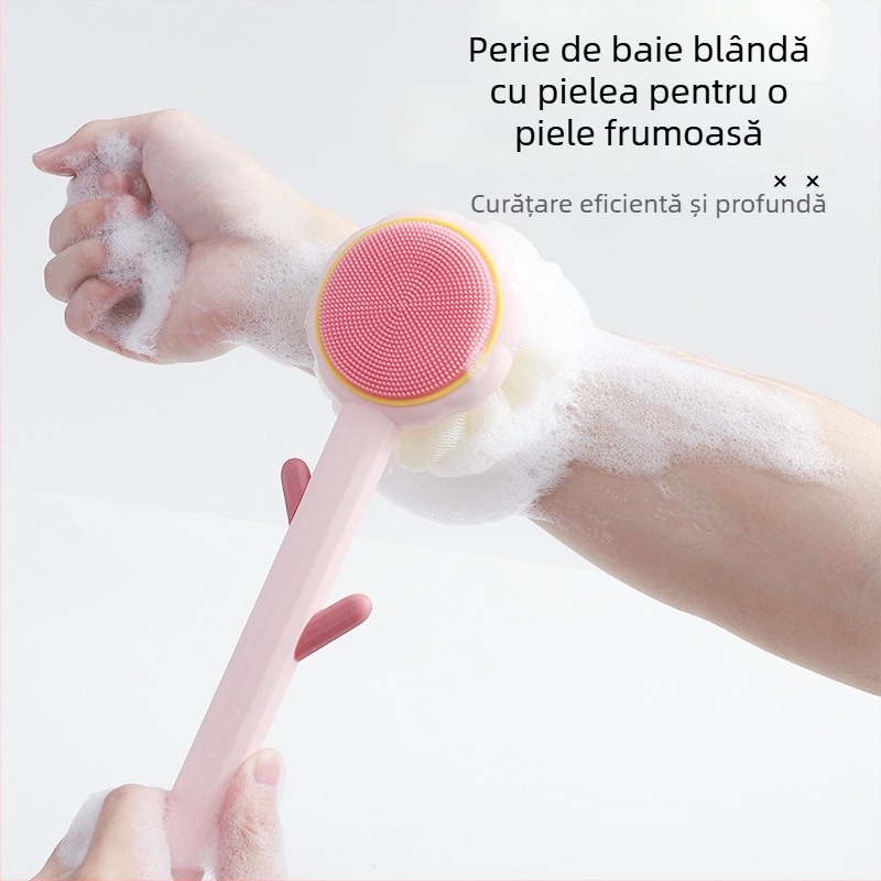 Perie de baie din siliconă, cu două fețe, mâner lung, pentru frecarea spatelui