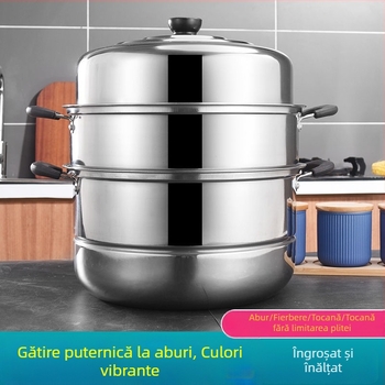 Vas de aburi din oțel inoxidabil 304, bază îngroșată, cu trei niveluri, gătit în abur cu două niveluri, oală pentru supă, cutie cadou