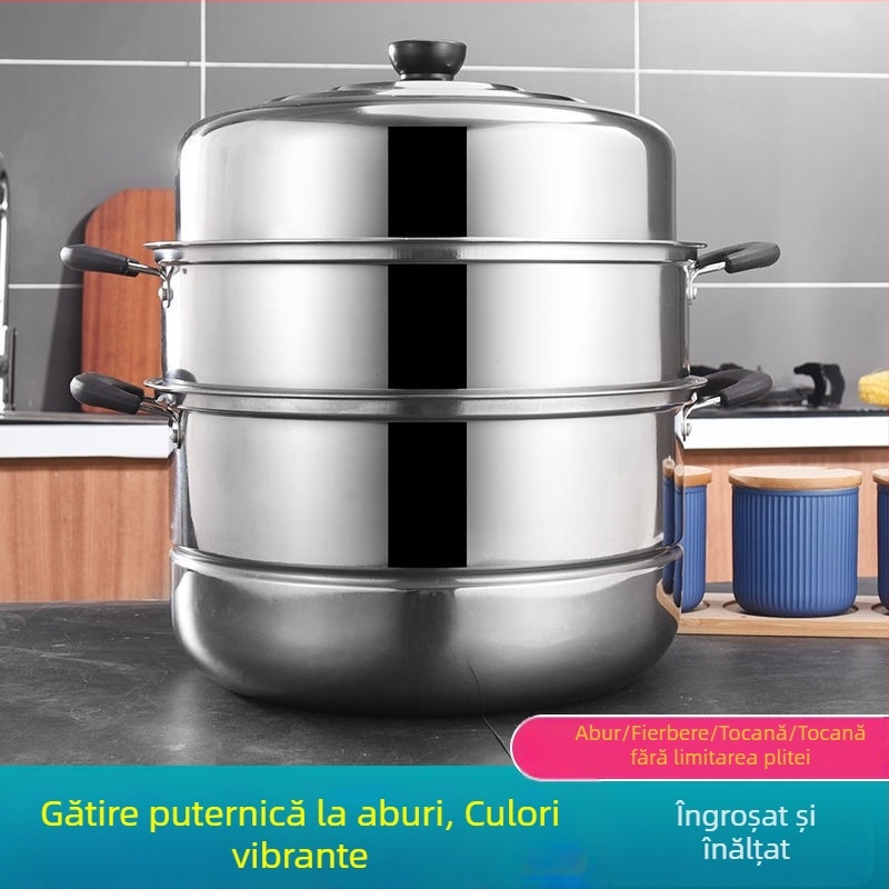 Vas de aburi din oțel inoxidabil 304, bază îngroșată, cu trei niveluri, gătit în abur cu două niveluri, oală pentru supă, cutie cadou