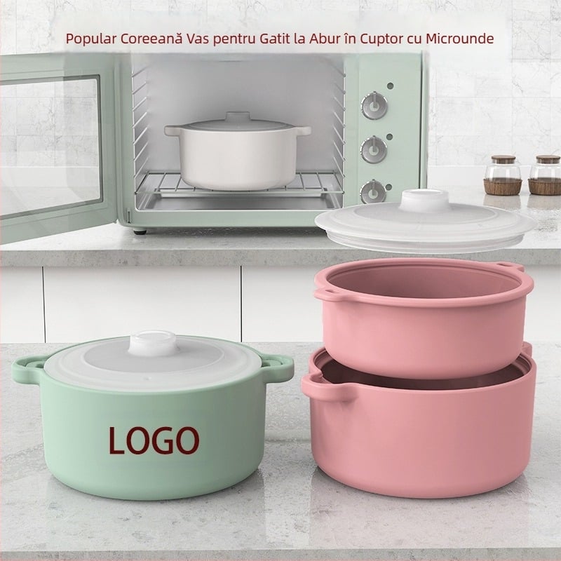 Oală de abur din silicon de calitate alimentară, stil coreean, cu capac, compatibilă cu microunde și friteuză cu aer, pentru reducerea grăsimilor, gătit la abur orez și legume