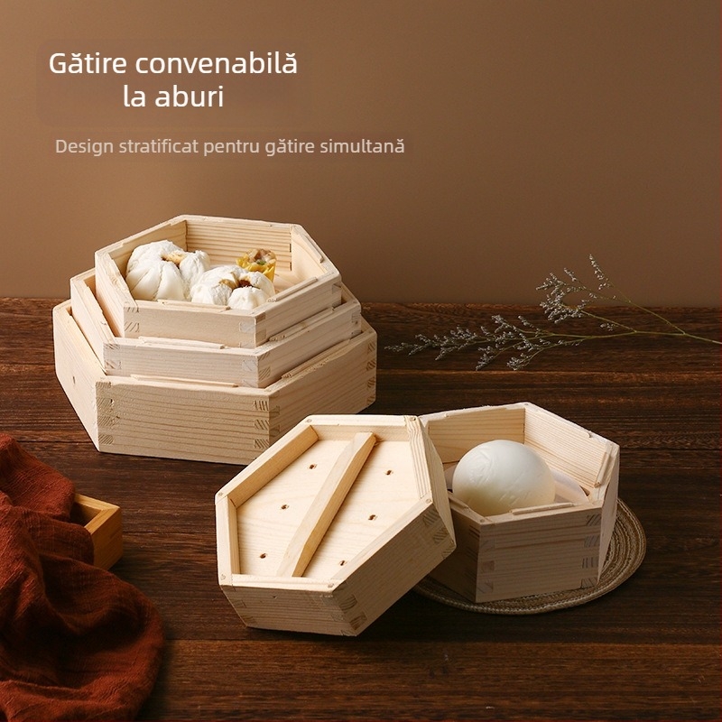 Coș de aburi din lemn de bambus, hexagonal, formă de diamant, stil antic-retro