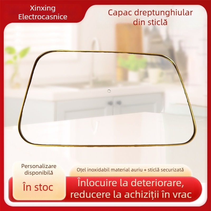 Capac dreptunghiular de oală din sticlă temperată, cu inel auriu din oțel inoxidabil
