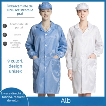 Palton anti-static lung pentru spații curate, haine de lucru unisex, albastru și alb
