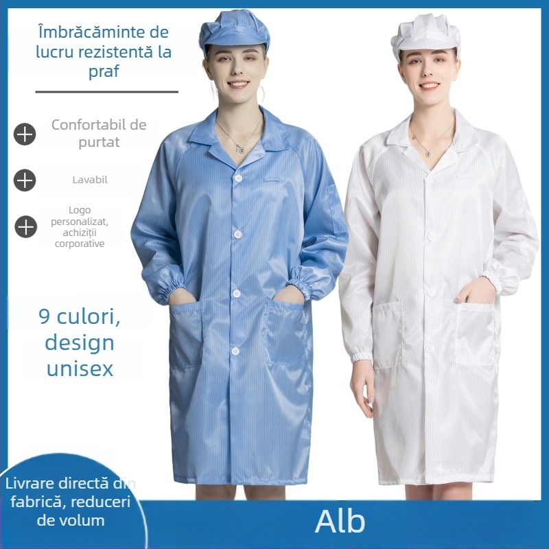 Palton anti-static lung pentru spații curate, haine de lucru unisex, albastru și alb