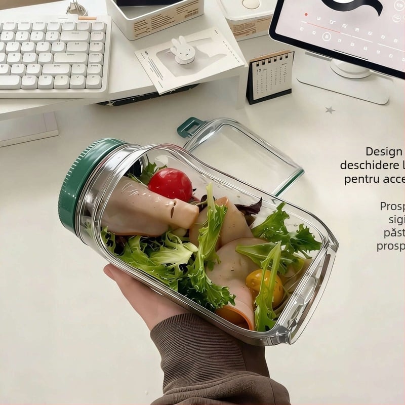 Vas creativ etanș pentru salată de legume cu deschidere laterală, recipient pentru salată de fructe, cutie de prânz pentru înlocuirea mesei, portabil, recipient PP pentru depozitare