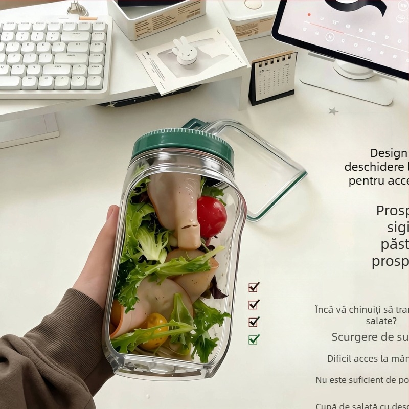 Vas creativ etanș pentru salată de legume cu deschidere laterală, recipient pentru salată de fructe, cutie de prânz pentru înlocuirea mesei, portabil, recipient PP pentru depozitare