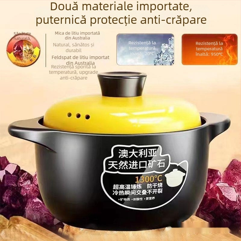 Vas de lut pentru tocănițe și supă, oală ceramică pentru aragaz cu gaz, fund plat, 2.1–3 L, antiaderent, pentru orez și supe