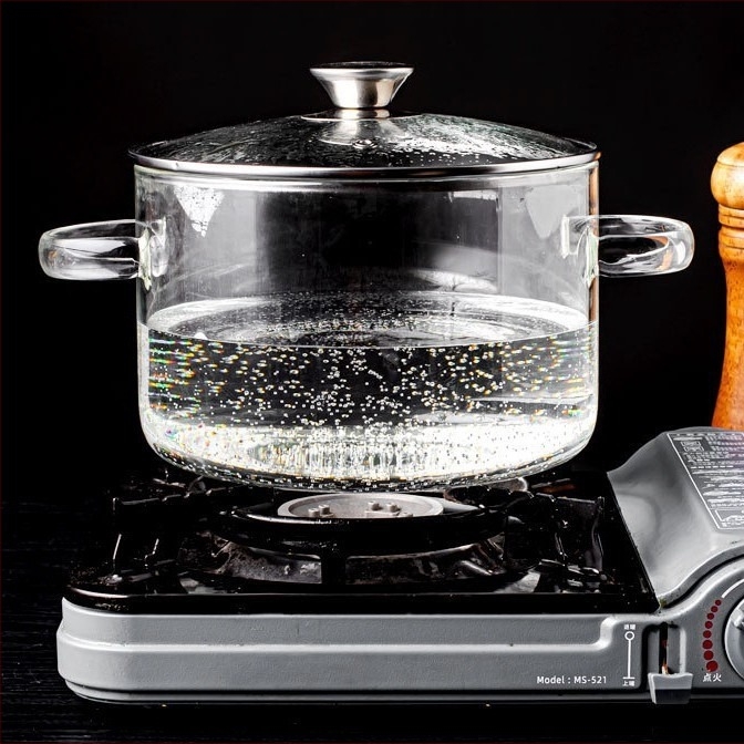 Oală din sticlă borosilicată pentru foc direct, transparentă, cu mâner dublu, 3,1–4 L, pentru supe și tocănițe, uz casnic