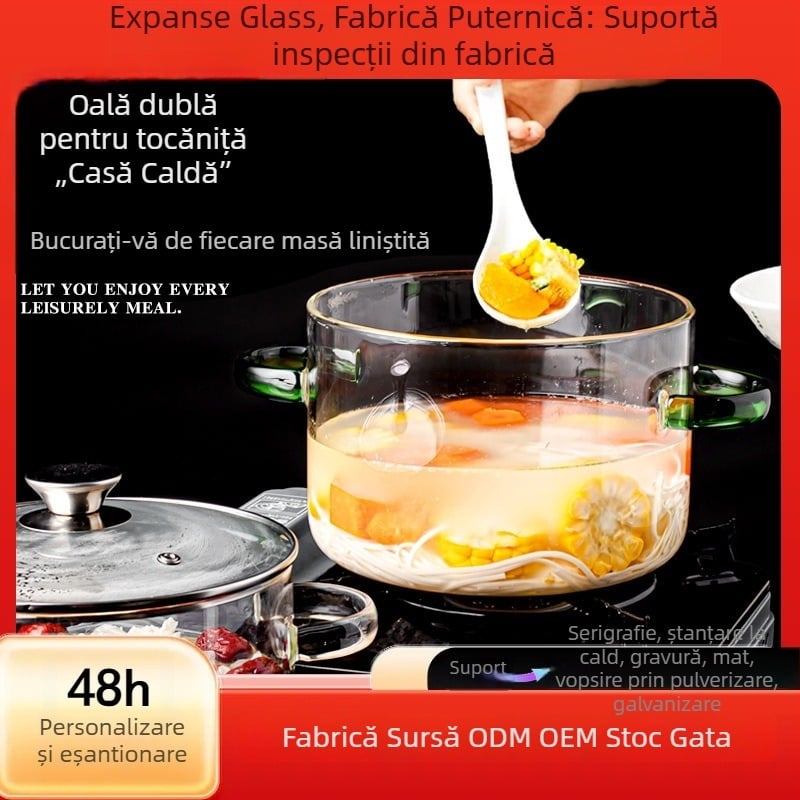 Oală din sticlă borosilicată pentru foc direct, transparentă, cu mâner dublu, 3,1–4 L, pentru supe și tocănițe, uz casnic