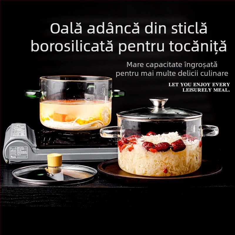 Oală din sticlă borosilicată pentru foc direct, transparentă, cu mâner dublu, 3,1–4 L, pentru supe și tocănițe, uz casnic