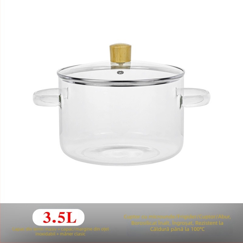 Oală din sticlă borosilicată pentru foc direct, transparentă, cu mâner dublu, 3,1–4 L, pentru supe și tocănițe, uz casnic
