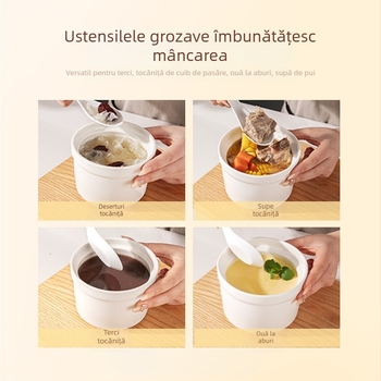  Vas ceramic bain-marie cu capac, pentru cuib de păsări și supă cu budincă de ou, bol pentru aburi, dimensiuni mici/medii/mari