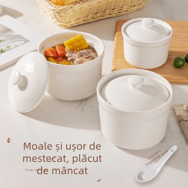  Vas ceramic bain-marie cu capac, pentru cuib de păsări și supă cu budincă de ou, bol pentru aburi, dimensiuni mici/medii/mari