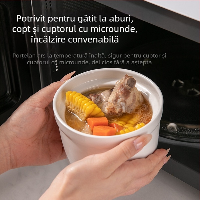  Vas ceramic bain-marie cu capac, pentru cuib de păsări și supă cu budincă de ou, bol pentru aburi, dimensiuni mici/medii/mari