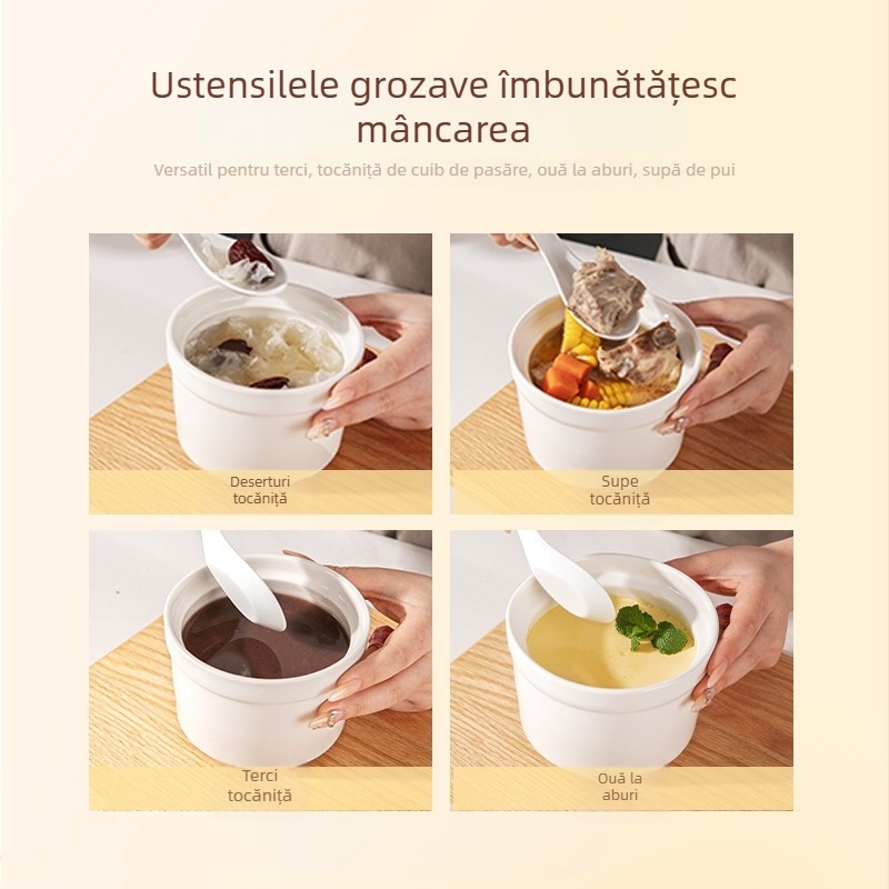  Vas ceramic bain-marie cu capac, pentru cuib de păsări și supă cu budincă de ou, bol pentru aburi, dimensiuni mici/medii/mari