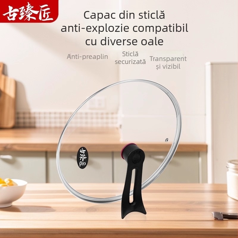 Capac de oală din sticlă temperată, cu mâner vertical, capac rotund universal pentru gătit
