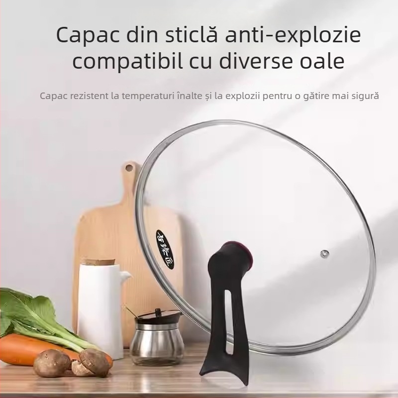 Capac de oală din sticlă temperată, cu mâner vertical, capac rotund universal pentru gătit