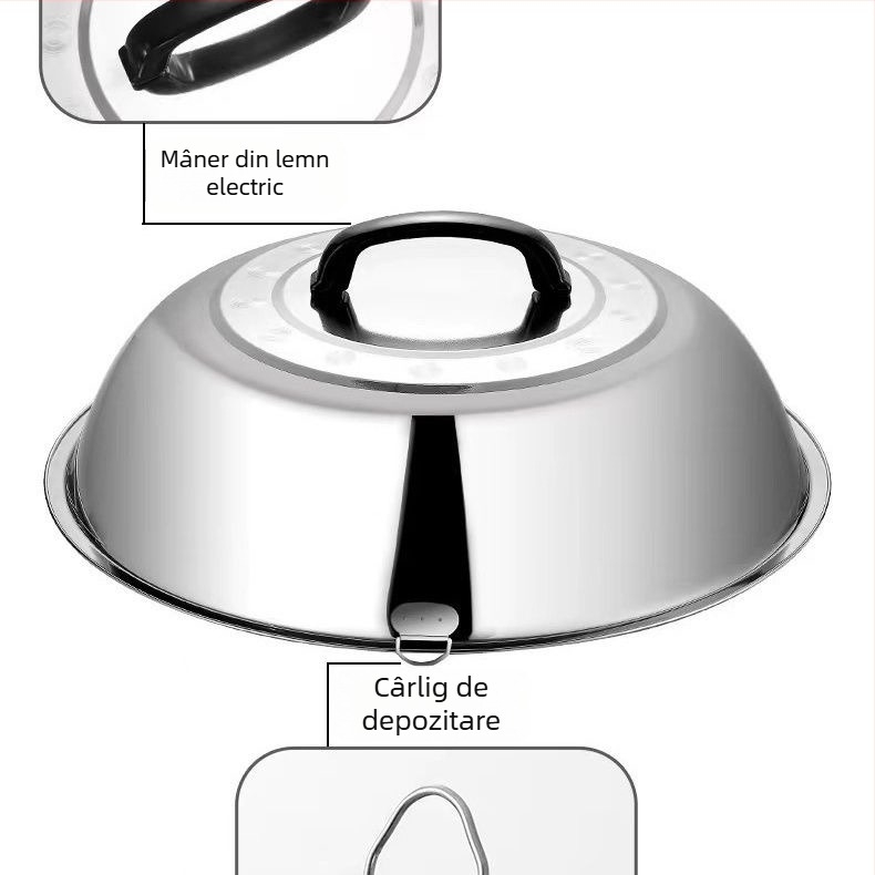 Capac pentru wok din oțel inoxidabil, design tradițional rotund, capac mare înălțat pentru tigăi din fier