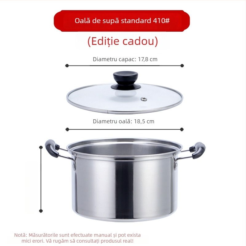 Oală din oțel inoxidabil cu pereți drepți, oală mică de supă cu două mâneri, stil american, înaltă, compatibilă cu inducția, diametrul 20 cm, capacitate 1,1–2 L, capac din sticlă temperată