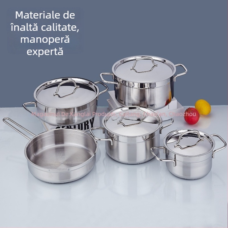 Set din oțel inoxidabil cu bază din cinci straturi, 9 piese, oală pentru supă cu mâner dublu, fără strat de acoperire, compatibil cu inducția