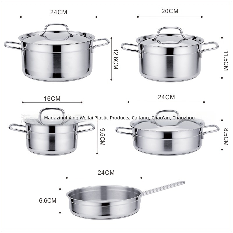 Set din oțel inoxidabil cu bază din cinci straturi, 9 piese, oală pentru supă cu mâner dublu, fără strat de acoperire, compatibil cu inducția