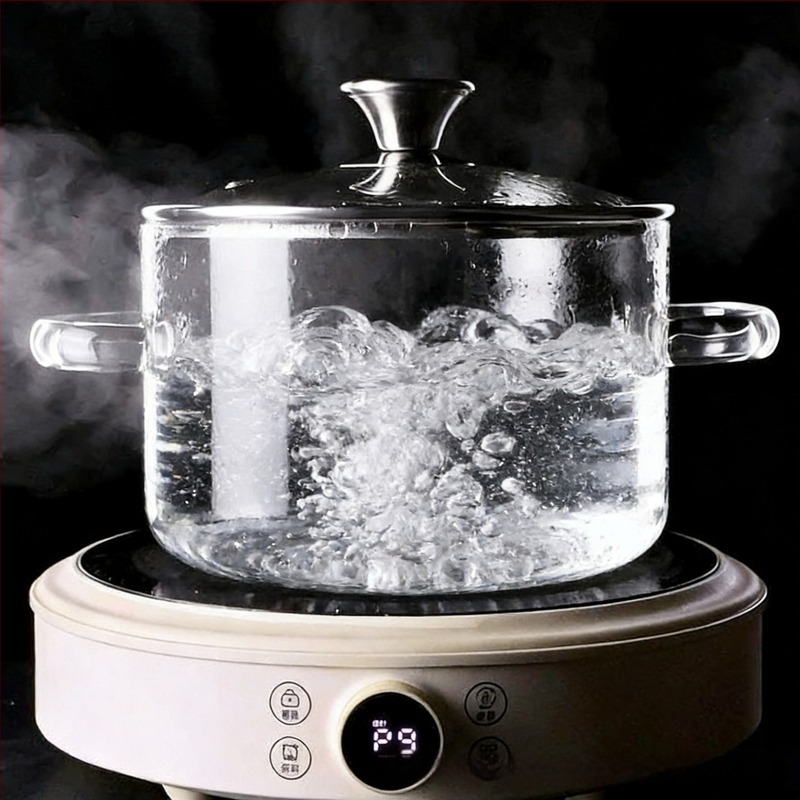 Oală mare din sticlă borosilicată, pentru flacără deschisă și temperaturi înalte, potrivită pentru plita ceramică electrică; oală pentru vin roșu și gătire sănătoasă