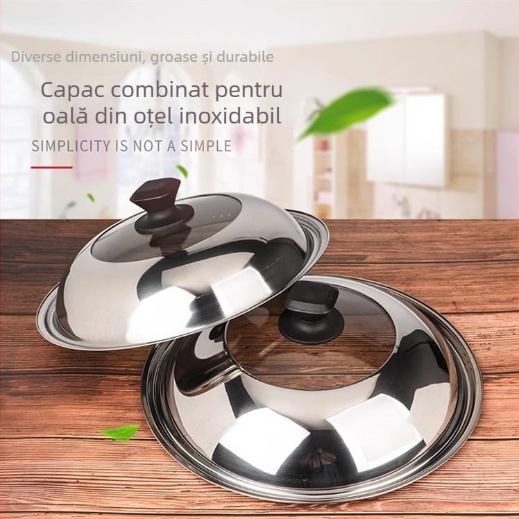 Capac de oală din oțel inoxidabil cu sticlă transparentă, gros și rezistent la temperaturi înalte