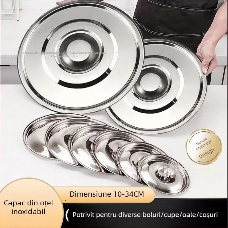 Capac din oțel inoxidabil, rotund universal, 10–34 cm, pentru borcane cu condimente, recipiente de ulei, oale mici și boluri.