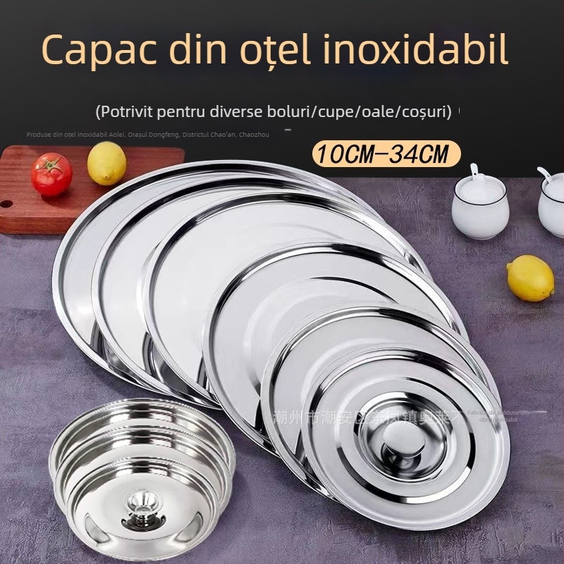 Capac din oțel inoxidabil, rotund universal, 10–34 cm, pentru borcane cu condimente, recipiente de ulei, oale mici și boluri.