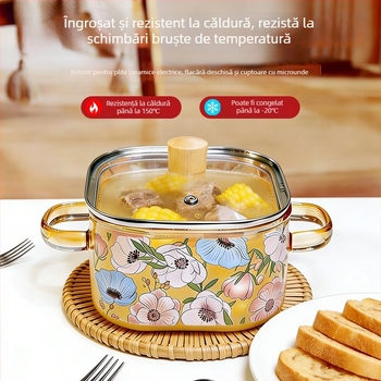 Oală mică de supă din sticlă borosilicată, cu mâner dublu, pentru flacără deschisă — culoare amber
