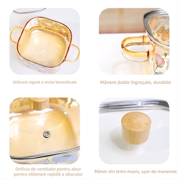 Oală mică de supă din sticlă borosilicată, cu mâner dublu, pentru flacără deschisă — culoare amber
