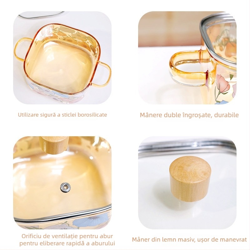 Oală mică de supă din sticlă borosilicată, cu mâner dublu, pentru flacără deschisă — culoare amber