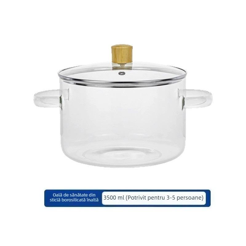 Oală de supă din sticlă borosilicat, 3,5 L, transparentă și rezistentă la căldură, potrivită pentru flacără deschisă, oală de supă din sticlă cu capac din lemn