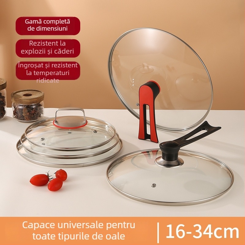 Capac universal pentru tigăi și wok, sticlă temperată, oțel inoxidabil, capac plat, antiaderent