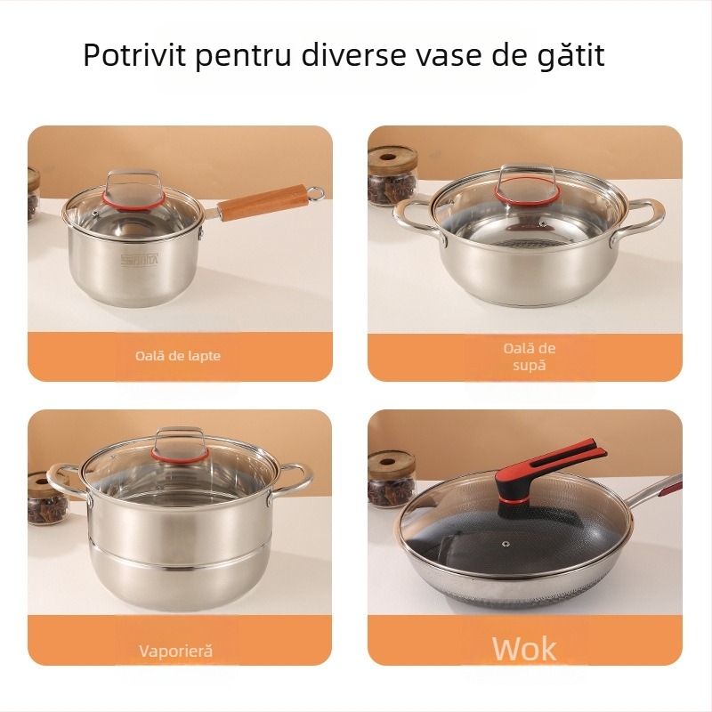 Capac universal pentru tigăi și wok, sticlă temperată, oțel inoxidabil, capac plat, antiaderent