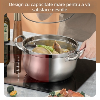 Oală de supă din oțel inoxidabil întărit, cu mâneri duble, anti-vărsare, oală pentru tăiței, pentru uz casnic, diametrul 22–26 cm, capacitate 3,1–4 L