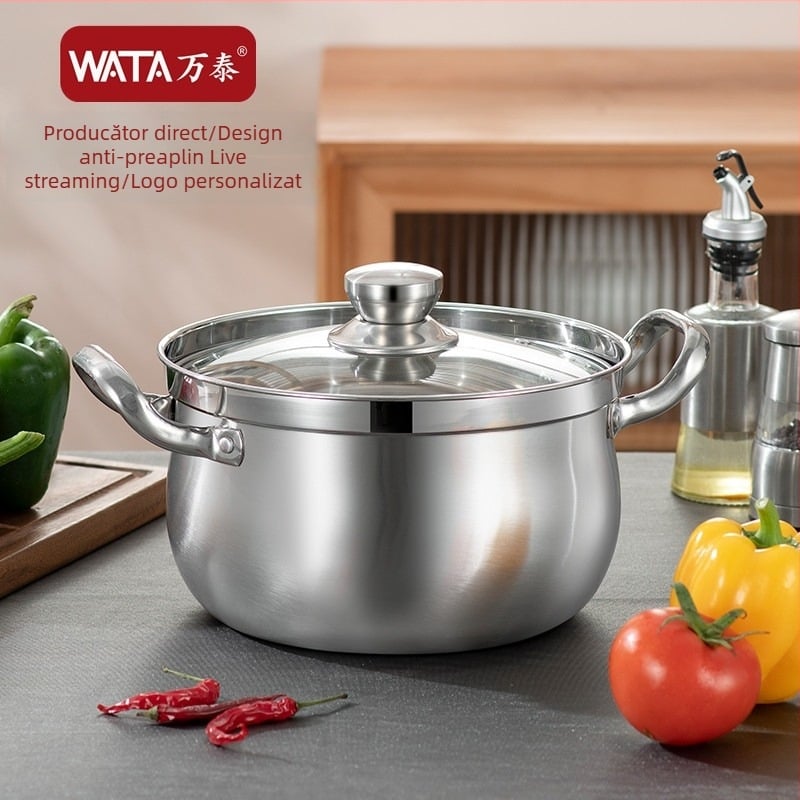 Oală de supă din oțel inoxidabil întărit, cu mâneri duble, anti-vărsare, oală pentru tăiței, pentru uz casnic, diametrul 22–26 cm, capacitate 3,1–4 L
