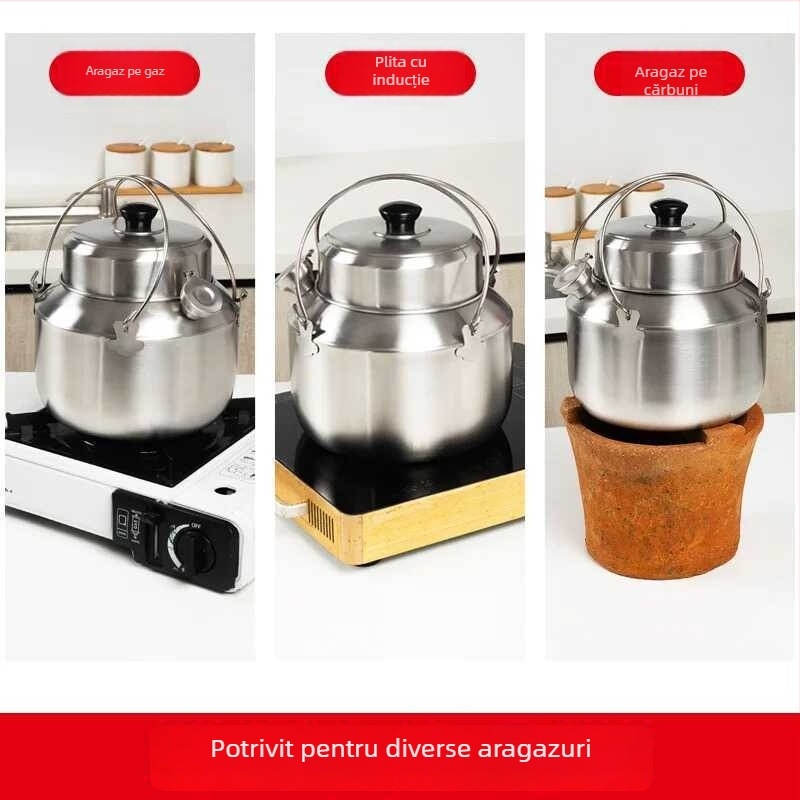Oală Chaoshan în stil vechi pentru baie în apă, exterior din oțel inoxidabil și interior ceramic, oală portabilă multifuncțională pentru supă pentru casă și exterior