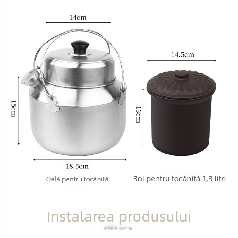 Oală Chaoshan în stil vechi pentru baie în apă, exterior din oțel inoxidabil și interior ceramic, oală portabilă multifuncțională pentru supă pentru casă și exterior