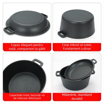Vas din fontă neacoperit, 26 cm – oală multifuncțională pentru orez în vas de lut, tocană și prăjire, compatibilă cu plita cu inducție