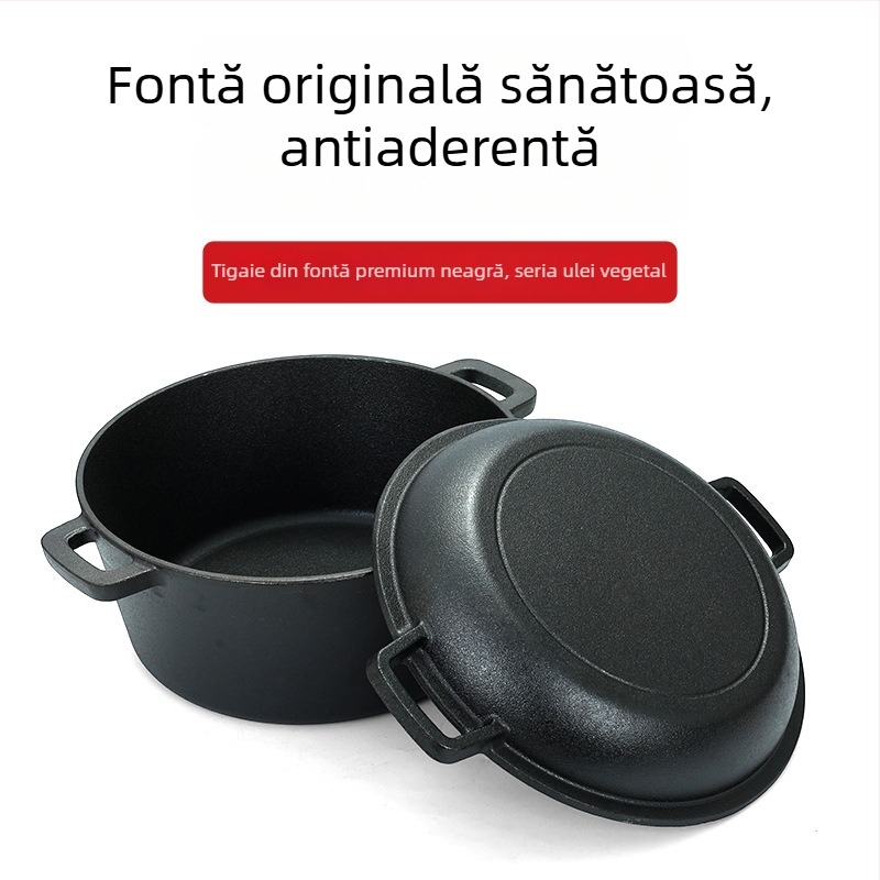 Vas din fontă neacoperit, 26 cm – oală multifuncțională pentru orez în vas de lut, tocană și prăjire, compatibilă cu plita cu inducție