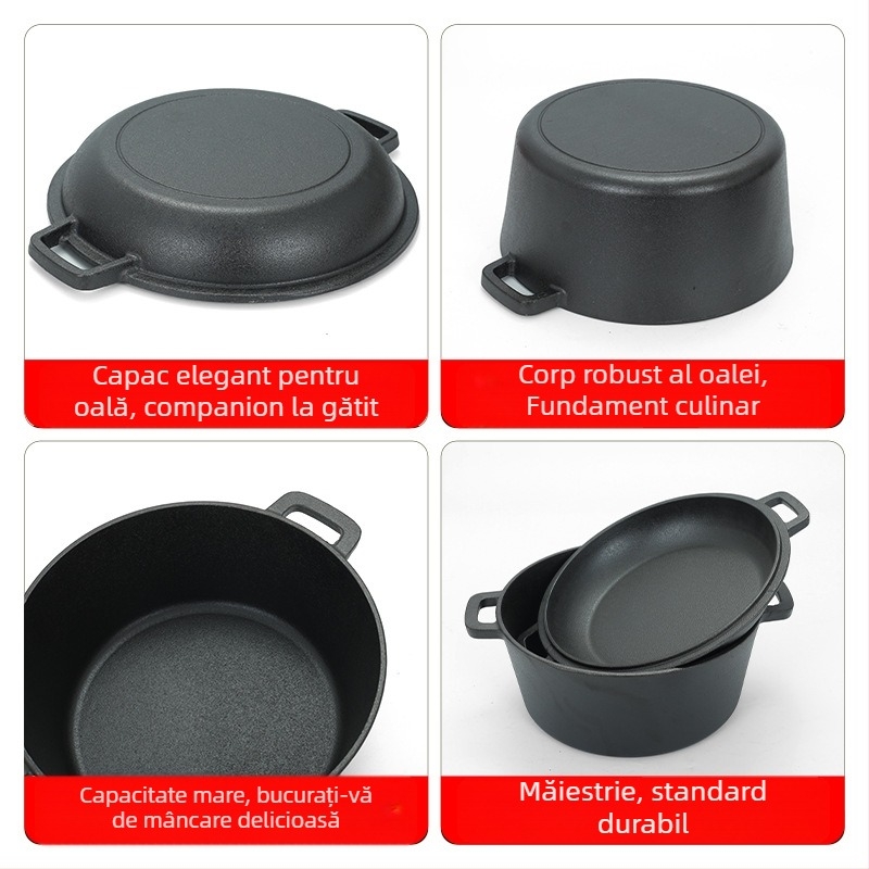 Vas din fontă neacoperit, 26 cm – oală multifuncțională pentru orez în vas de lut, tocană și prăjire, compatibilă cu plita cu inducție