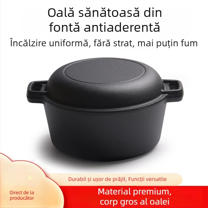 Vas din fontă neacoperit, 26 cm – oală multifuncțională pentru orez în vas de lut, tocană și prăjire, compatibilă cu plita cu inducție