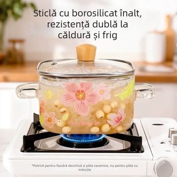 Oală din borosilicat cu două mânere, pentru plită electrică ceramică, ideală pentru noodles instant și supă, pătrată, rezistentă la temperaturi înalte
