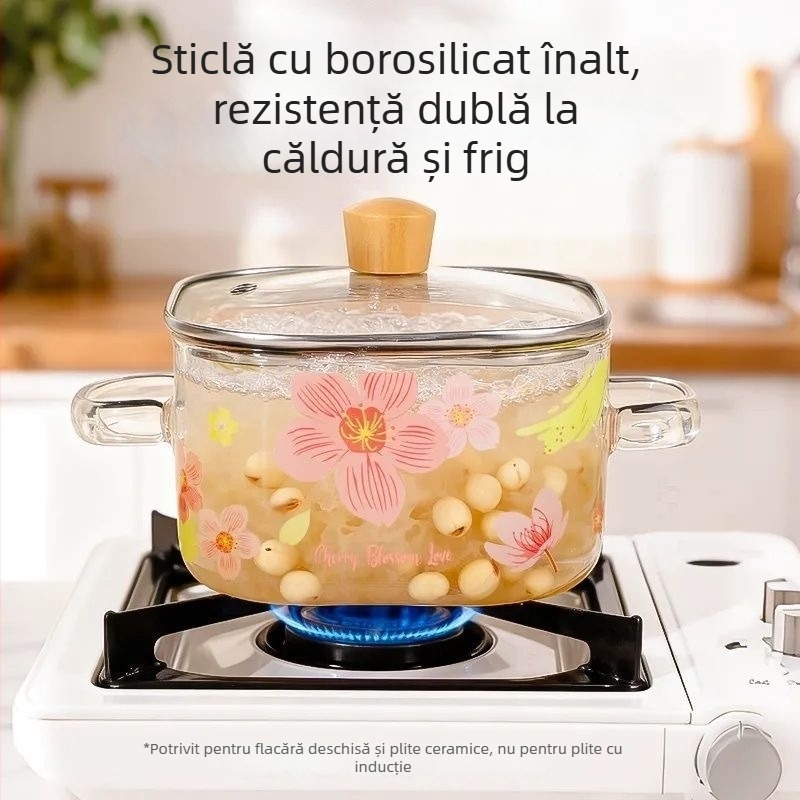 Oală din borosilicat cu două mânere, pentru plită electrică ceramică, ideală pentru noodles instant și supă, pătrată, rezistentă la temperaturi înalte