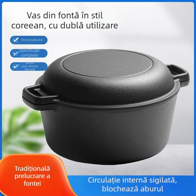 Oală din fontă pentru uz casnic, 26 cm, cu două mânere, multifuncțională pentru prăjit, fierbere și supe, fără acoperire