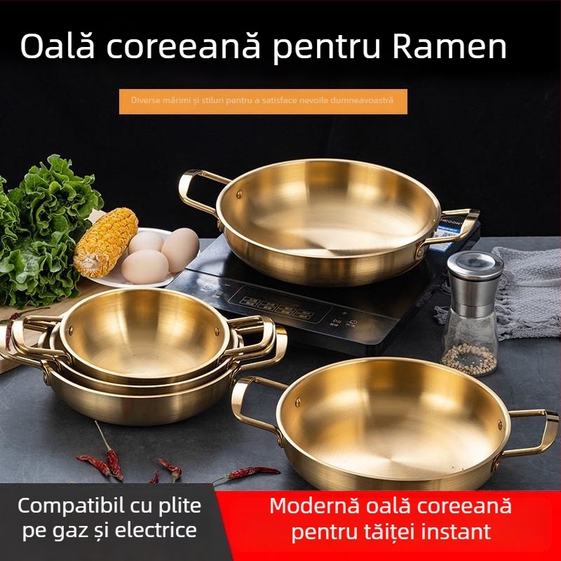 Oală de supă din oțel inoxidabil, stil coreean, cu mâneri duble, fund plat, oală individuală pentru noodles și fructe de mare (1.1–2 L)