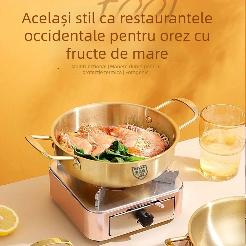 Oală de supă din oțel inoxidabil, stil coreean, cu mâneri duble, fund plat, oală individuală pentru noodles și fructe de mare (1.1–2 L)